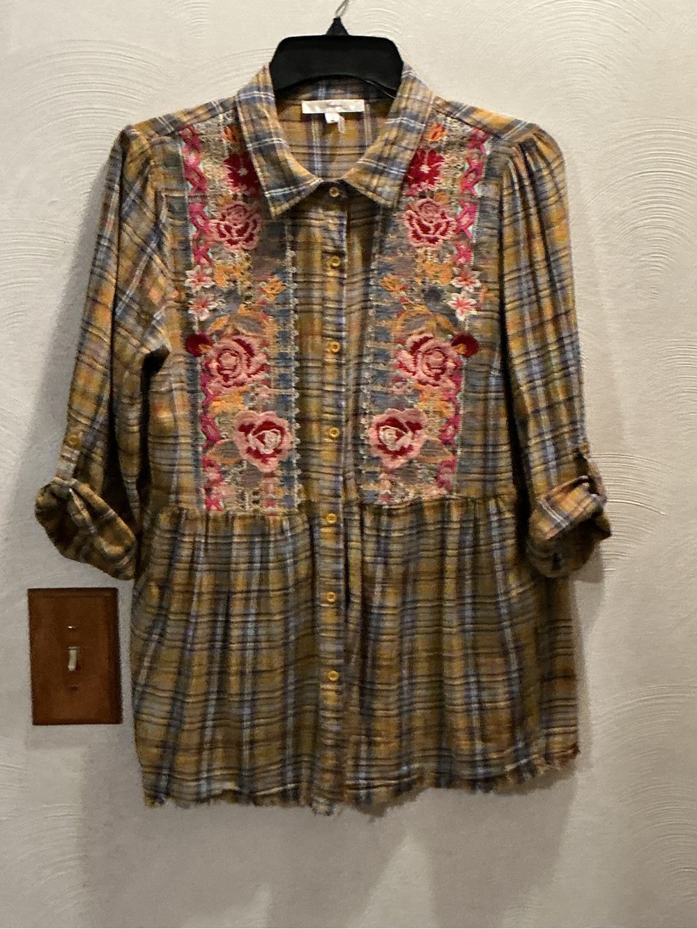 ANDREE BY UNIT Yellow Plaid Button-Down Top with Pink Floral Embroidery Panels.